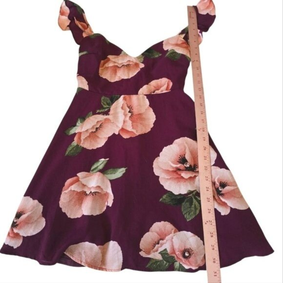 Lulus Women's Floral Ruffle Strap Fit & Flare Mini Formal Dress Burgundy Medium - Picture 7 of 16
